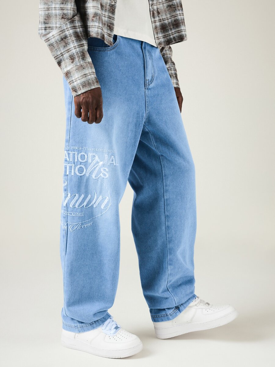SUMWON Printed Loose Fit Jeans With Graphic Script Detail Wide Leg Streetwear Denim Pants - Blue - View 1