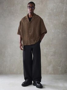 SUMWON Oversized Crop Fit Revere Collar Textured Jacquard Short Sleeve Button-Up Shirt Summer Holiday - Brown - View 4
