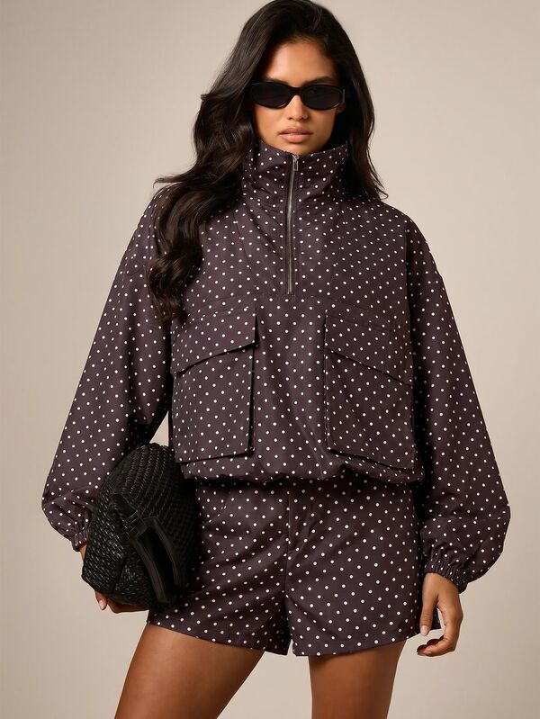 AiiRZ Polka Dot Funnel Neck Half Zip Utility Jacket With Balloon Sleeves And Cargo Chest Pockets