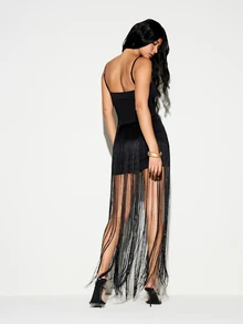KIZN Vestido Longo com Alças Finas e Franjas, Top Bodysuit com Decote Redondo e Sobreposição de Saia Longa com Franjas - Preto - Visão 2