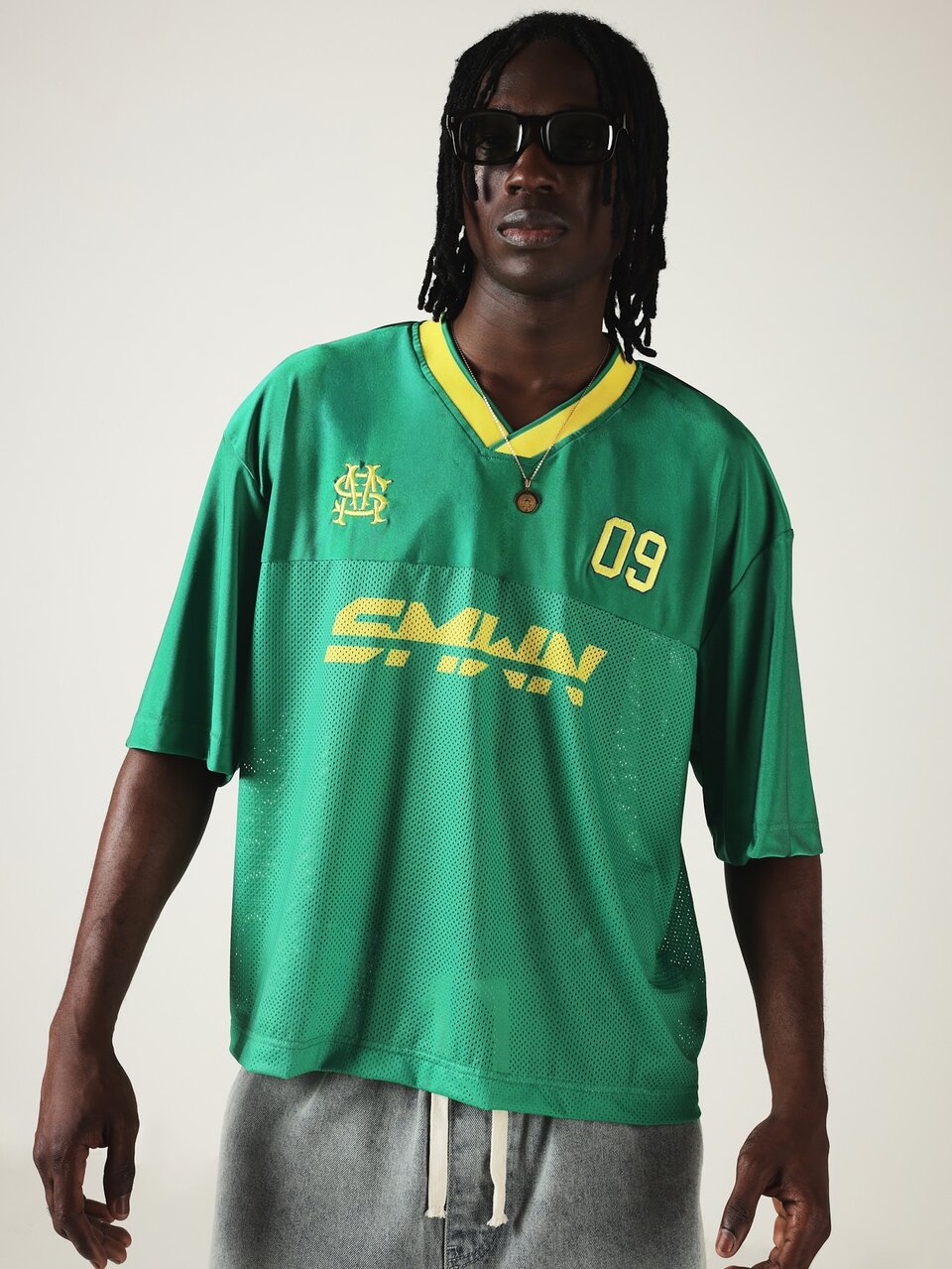 Club Oversized Mesh Football Jersey V-Neck Tee With Number Print And Embroidered Logo