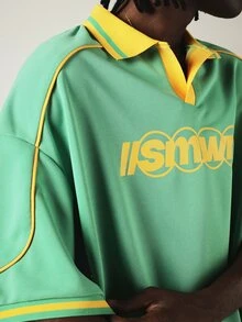 SUMWON Retro Soccer Jersey Style Polo Shirt With Logo Print, V-Neck Collar And Contrast Piping Detail - Green - View 5