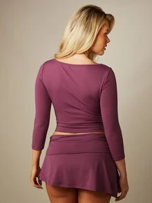 MISSGUIDED Slinky Boat Neck Three Quarter Sleeve Cropped Top With Curved Hem And Body-Hugging Silhouette Night Out Club Dark Purple Autumn Sexy - Rusty Rose - View 2