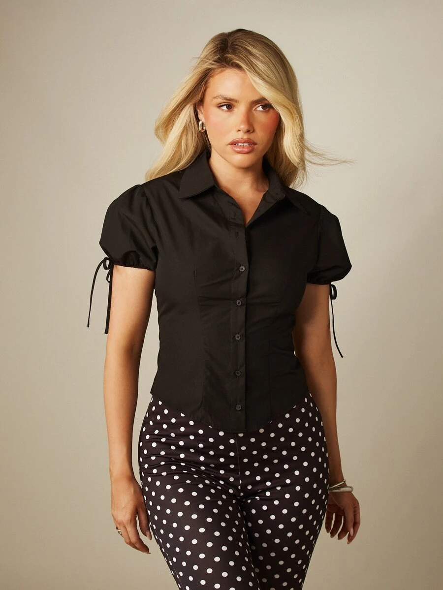 MISSGUIDED Fitted Button-Down Shirt With Puff Sleeves And Tie Detail Cropped Silhouette Spring Summer - Black - View 1