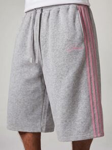 SUMWON Side Stripe Fleece Jogger Shorts With Drawstring Waist And Script Logo Detail For Everyday Casual Wear - Grey - View 4