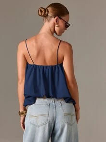 AiiRZ Ruched Cami Top With Balloon Hem, Spaghetti Straps, Flowy Swing Silhouette, Summer Vacation Style - Navy Blue - View 2