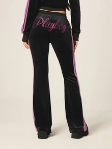 Missguided x Playboy Velour Flare Joggers With Rhinestone Logo And Side Stripe Detail - Black - View 2