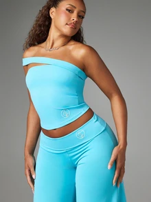 BABYPHAT Asymmetric Off Shoulder Cutout Crop Top Jersey Bandeau Strapless Bardot Cut Out Summer Top - Blue - View 2
