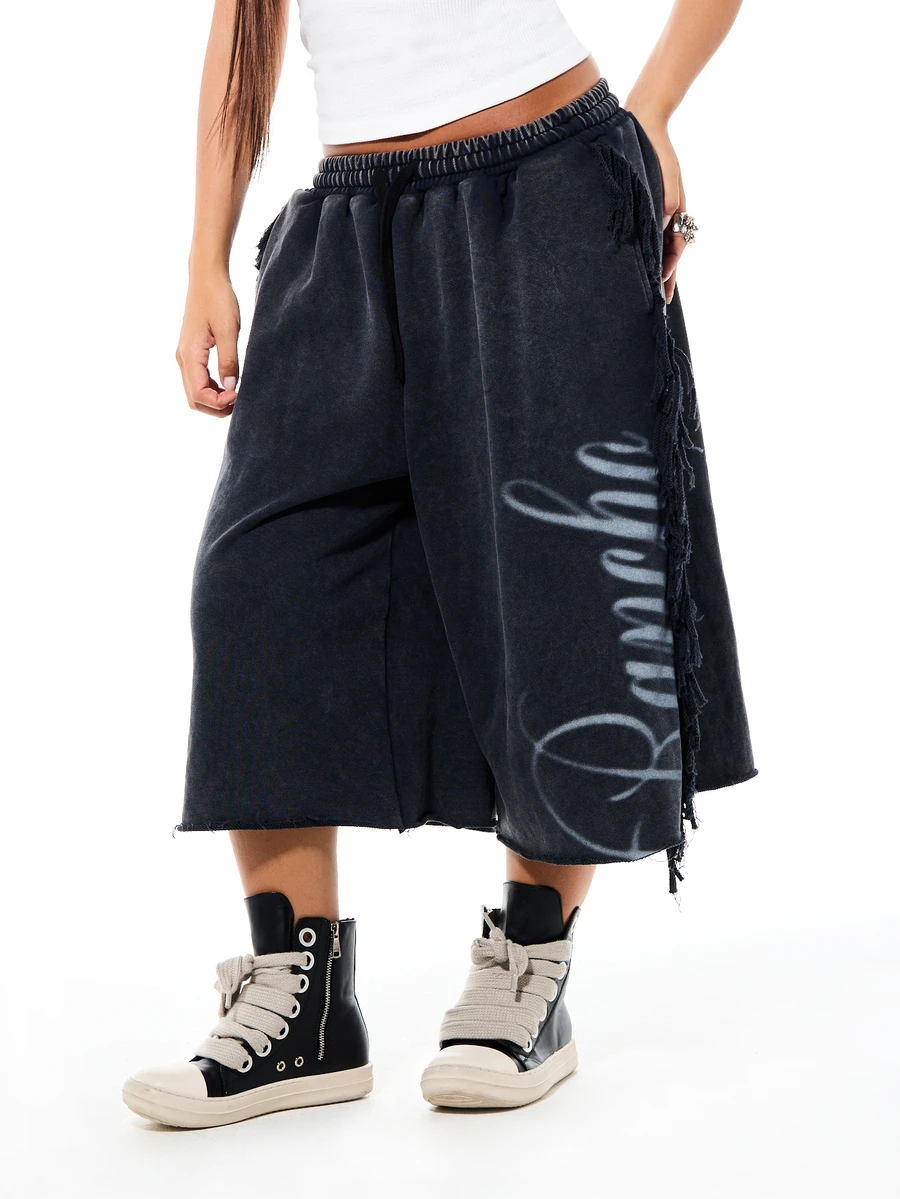 SUMWON Plus Size Wide Leg Fleece Shorts With Fringe Detail Script Print And Raw Hem Elastic Waistband Casual Bermuda - Black - View 1