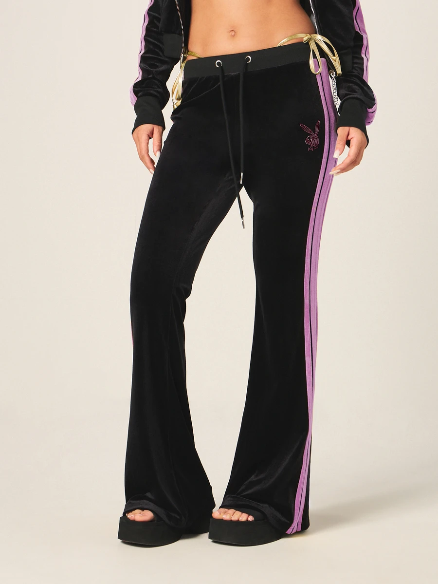 Missguided x Playboy Velour Flare Joggers With Rhinestone Logo And Side Stripe Detail - Black - View 1