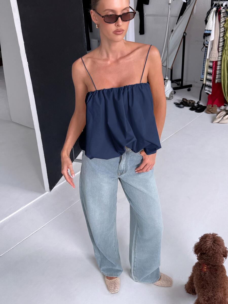 AiiRZ Ruched Cami Top With Balloon Hem, Spaghetti Straps, Flowy Swing Silhouette, Summer Vacation Style - Navy Blue - View 1