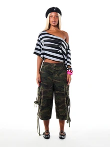 SUMWON WOMEN Striped Jersey Cropped Off Shoulder Top With Napoleon Button Detail And Asymmetric Neckline - Multicolor - View 3