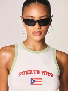 MISSGUIDED Puerto Rico Flag Graphic Crop Tank Top With Contrast Ringer Trim And Arch Letter Print For Summer - Green - View 3