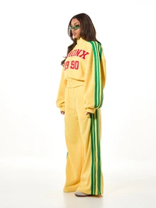 SUMWON Plus Size Bronx 1990 Varsity Applique Full-Zip Crop Sweatshirt With Green Side Stripe Long Sleeve - Yellow - View 5