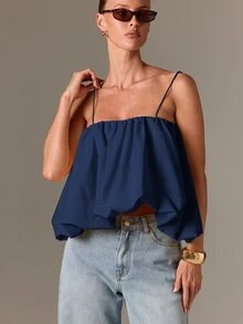 AiiRZ Ruched Cami Top With Balloon Hem, Spaghetti Straps, Flowy Swing Silhouette, Summer Vacation Style - Navy Blue - View 5