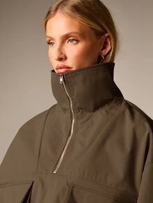 AiiRZ Oversized Half-Zip Track Top Jacket With Bellow Cargo Pockets And Balloon Sleeves Elasticated Hem Fall - Chocolate Brown - View 4