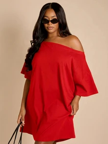 FASHION SZN Robe T-shirt grande taille 100% coton, robe d'été décontractée couleur unie, encolure asymétrique, robe chic élégante et raffinée pour city break, voyage en aéroport, robe courte, essentiels frais et basiques - Rouge - Voir 1