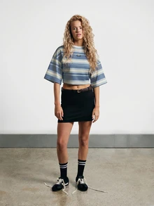AiiRZ Oversized Crop T-Shirt With Horizontal Stripes, Round Neck, Short Sleeves, Casual Summer Top - Blue - View 4