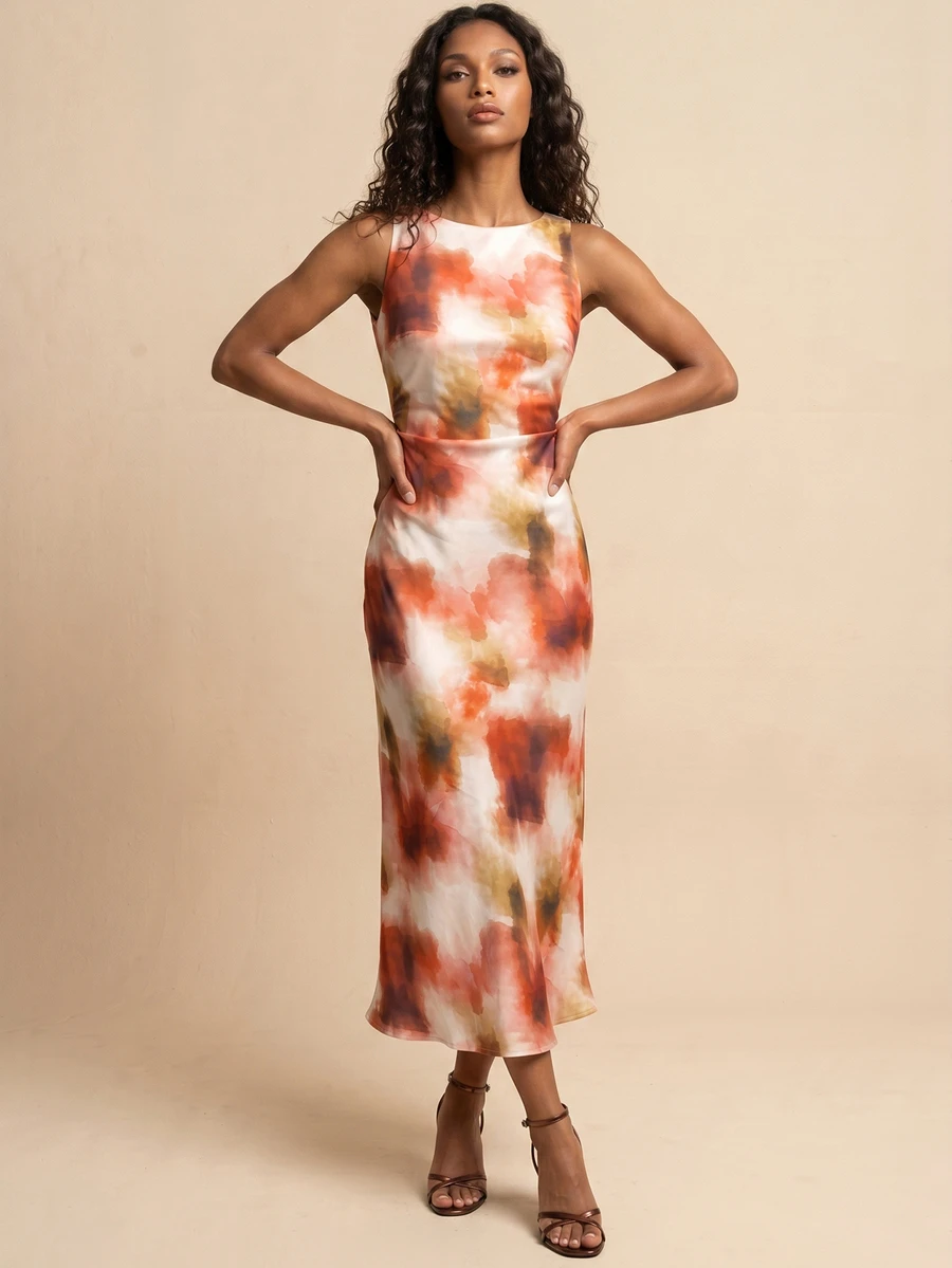 QUIZ Orange Marble Print Sleeveless Crew Neck Ruched Waist Bodycon Midaxi Maxi Dress With Rolled Hem, Long Dress For Women, Summer Dress, Wedding Guest Dress Women, Holiday Dress, Vacation Outfits Women, Resort Travel Dress, Summer Outfits For Women - Orange - View 1