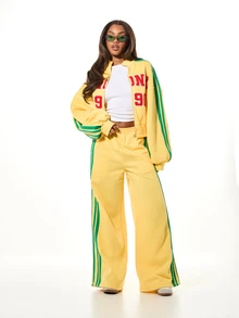SUMWON Plus Size Bronx 1990 Varsity Applique Full-Zip Crop Sweatshirt With Green Side Stripe Long Sleeve - Yellow - View 3