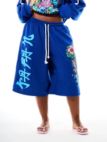 SUMWON WOMEN Los Angeles 刺青藝術圖案抽繩腰運動短褲，骷髏蝴蝶花卉印花 - 藍色 - 查看 6