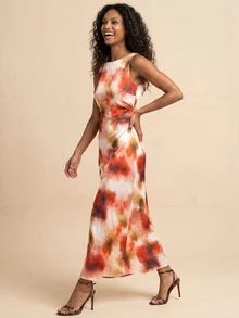 QUIZ Orange Marble Print Sleeveless Crew Neck Ruched Waist Bodycon Midaxi Maxi Dress With Rolled Hem, Long Dress For Women, Summer Dress, Wedding Guest Dress Women, Holiday Dress, Vacation Outfits Women, Resort Travel Dress, Summer Outfits For Women - Orange - View 4