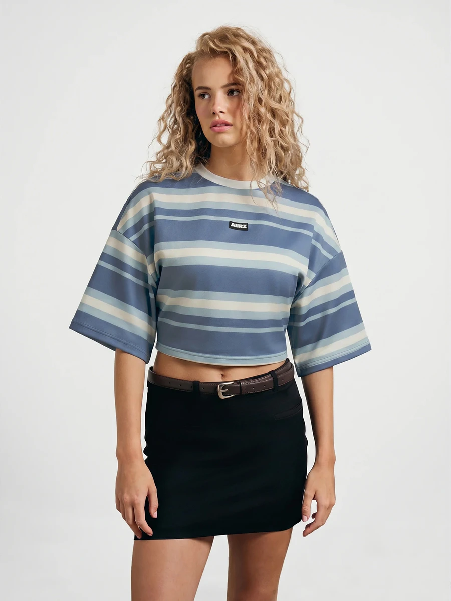 AiiRZ Oversized Crop T-Shirt With Horizontal Stripes, Round Neck, Short Sleeves, Casual Summer Top - Blue - View 1