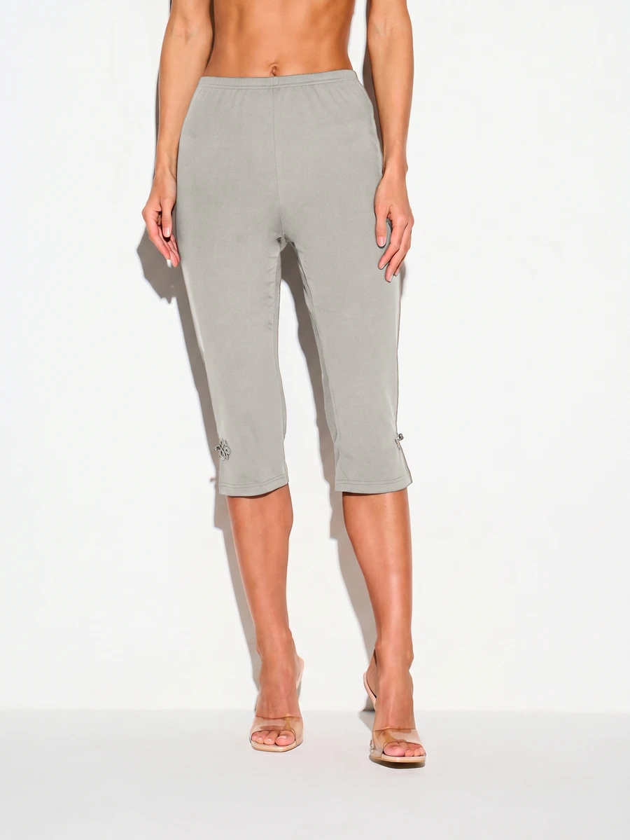 KIZN Capri Leggings With Frog Clasp Detail And Side Split Hem Elegant Casual Basic Embroidered Ankle Closure Loungewear Yoga Light Grey Summer - Grey - View 1