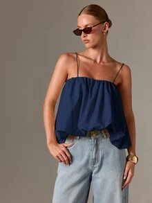 AiiRZ Ruched Cami Top With Balloon Hem, Spaghetti Straps, Flowy Swing Silhouette, Summer Vacation Style - Navy Blue - View 3