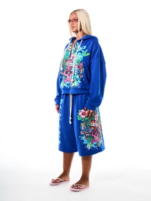 SUMWON WOMEN Los Angeles Skull Graphic Full-Zip Oversized Hoodie With Floral Butterfly Print And Drawstring Hood - Blue - View 4
