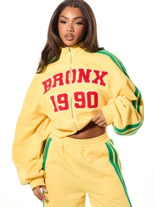 SUMWON Plus Size Bronx 1990 Varsity Applique Full-Zip Crop Sweatshirt With Green Side Stripe Long Sleeve - Yellow - View 4
