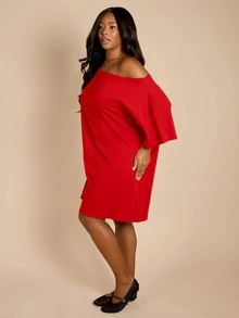 FASHION SZN Robe T-shirt grande taille 100% coton, robe d'été décontractée couleur unie, encolure asymétrique, robe chic élégante et raffinée pour city break, voyage en aéroport, robe courte, essentiels frais et basiques - Rouge - Voir 6