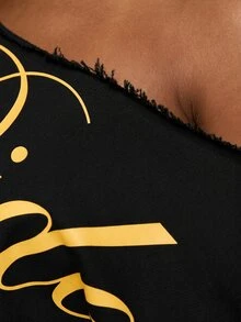 SUMWON WOMEN Off-Shoulder Crop Tee With Diagonal Raw Hem Cut And Gold Script Graphic Print - Black - View 4