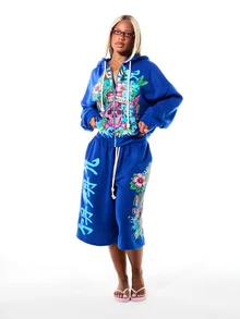 SUMWON WOMEN Los Angeles Skull Graphic Full-Zip Oversized Hoodie With Floral Butterfly Print And Drawstring Hood - Blue - View 6