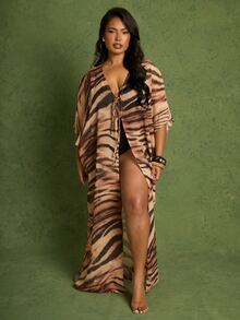FASHION SZN Plus Size Chiffon Animal Print Beach Cover Up Maxi Long Kaftan Tiger Loose Fit Oversized Beach Club Party Summer Holiday Vacation Plus Size Holiday Outfit Elegant Chic Hen Do Bachelorette Summer Travel Vacation Swim - Brown - View 6