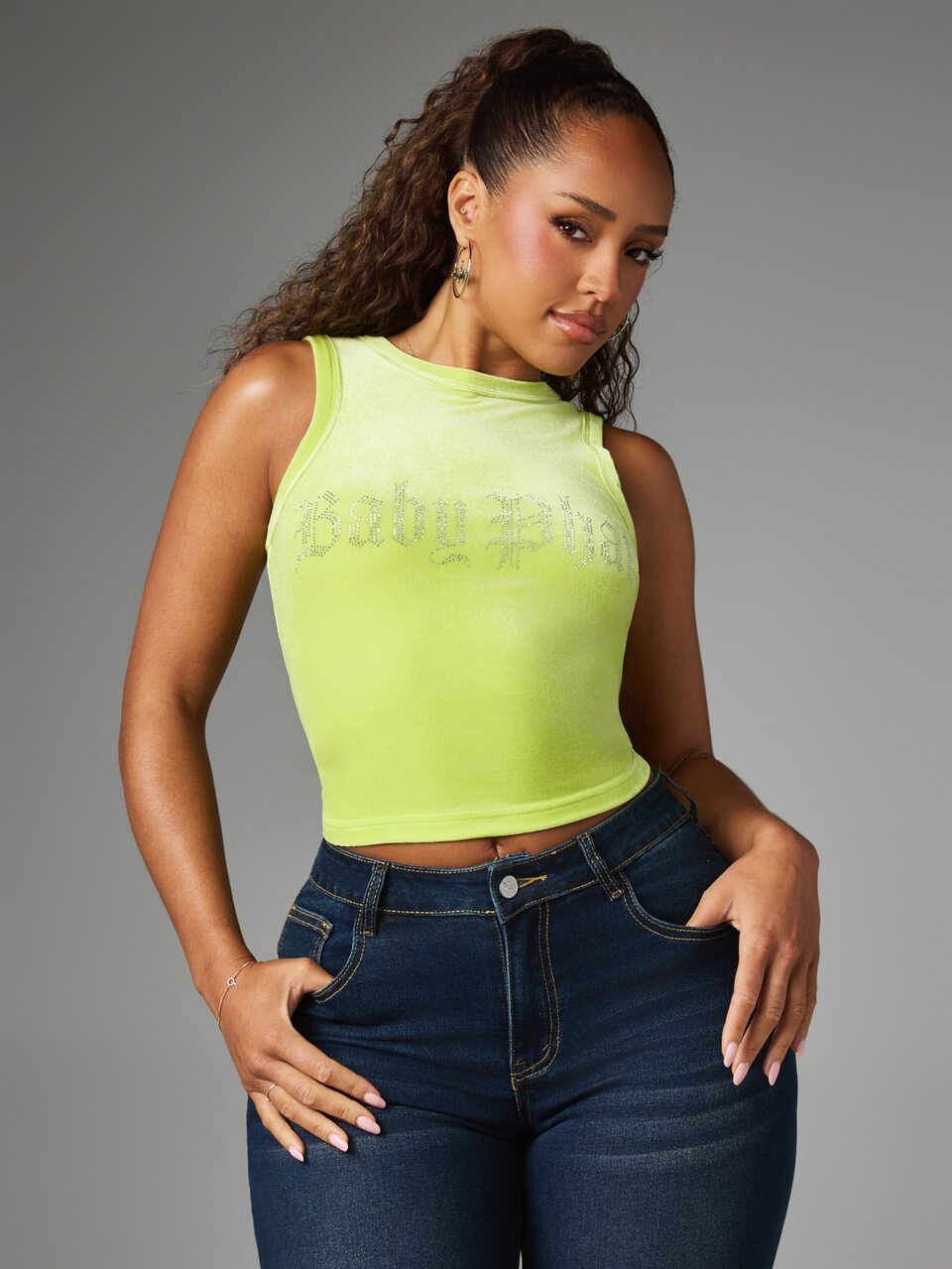 BABYPHAT Velour Rhinestone Logo Crop Tank Top Sleeveless Round Neck Y2K Streetwear Summer