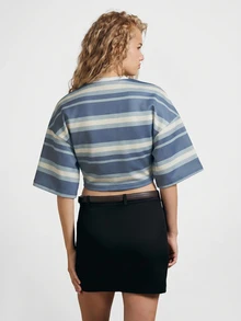 AiiRZ Oversized Crop T-Shirt With Horizontal Stripes, Round Neck, Short Sleeves, Casual Summer Top - Blue - View 2