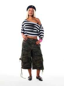SUMWON WOMEN Striped Jersey Cropped Off Shoulder Top With Napoleon Button Detail And Asymmetric Neckline - Multicolor - View 5