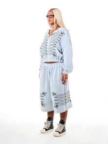 SUMWON WOMEN Oversized Fleece-Shorts mit weitem Bein, abstrakten Blumenstickerei-Details und elastischem Bund, knielang - Grau - Übersicht 5