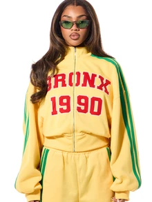 SUMWON Plus Size Bronx 1990 Varsity Applique Full-Zip Crop Sweatshirt With Green Side Stripe Long Sleeve - Yellow - View 1