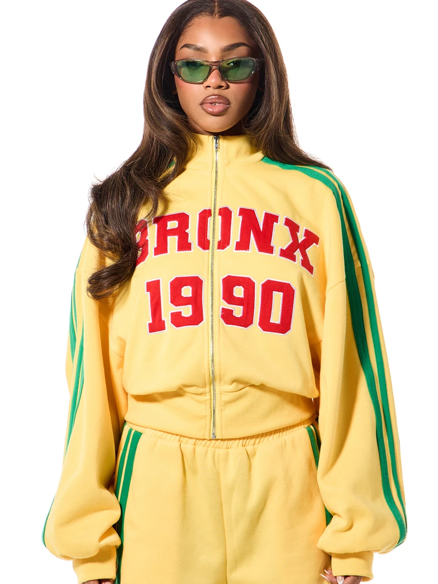 SUMWON Plus Size Bronx 1990 Varsity Applique Full-Zip Crop Sweatshirt With Green Side Stripe Long Sleeve - Yellow - View 1
