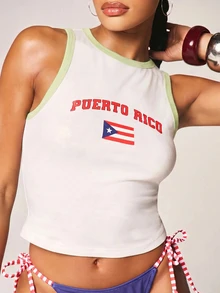 MISSGUIDED Puerto Rico Flag Graphic Crop Tank Top With Contrast Ringer Trim And Arch Letter Print For Summer - Green - View 1