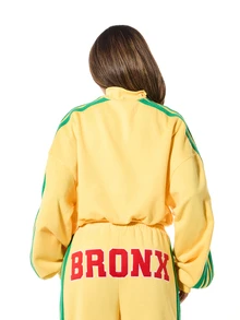 SUMWON Plus Size Bronx 1990 Varsity Applique Full-Zip Crop Sweatshirt With Green Side Stripe Long Sleeve - Yellow - View 2