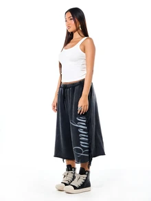 SUMWON Plus Size Wide Leg Fleece Shorts With Fringe Detail Script Print And Raw Hem Elastic Waistband Casual Bermuda - Black - View 6