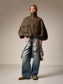 AiiRZ Oversized Half-Zip Track Top Jacket With Bellow Cargo Pockets And Balloon Sleeves Elasticated Hem Fall - Chocolate Brown - View 3