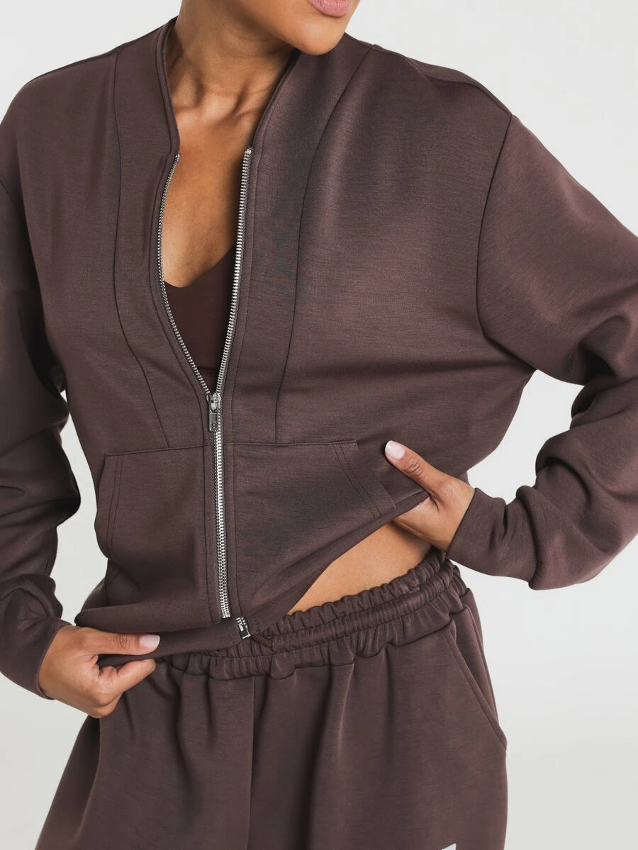 11SKNDS Zip-Up Bomber Sweatshirt With Collarless V-Neckline, Front Patch Pockets, And Silver Zipper Closure For Fall Winter Casual Everyday Wear With Sweat-Wicking & Buttery-Soft, For Gym Workout Fitness, Running, Training & Hy-Rox - Brown - View 1