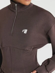 11SKNDS Half-Zip Mock Neck Cropped Sweatshirt With Corset-Style Waist Seaming, Oversized Balloon Sleeves, And Logo Embroidery, Fall Winter Essential - Rust Brown - View 5