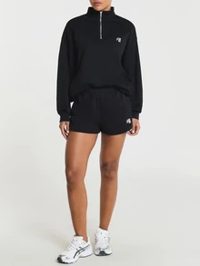 11SKNDS Cropped Quarter Zip Pullover Sweatshirt With Mock Neck, Long Sleeves, Ribbed Cuffs, Logo Patch Detail, Relaxed Fit Fall Winter Layering Top - Black - View 4
