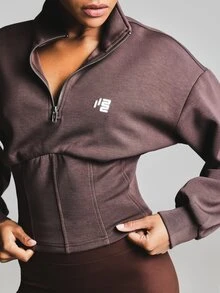 11SKNDS Half-Zip Mock Neck Cropped Sweatshirt With Corset-Style Waist Seaming, Oversized Balloon Sleeves, And Logo Embroidery, Fall Winter Essential - Rust Brown - View 1