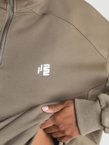 11SKNDS Quarter Zip Pullover Sweatshirt With High Mock Neck, Cropped Oversized Fit, Ribbed Hem And Cuffs, Logo Detail, Fall Winter Casual Loungewear Top - Brown - View 5